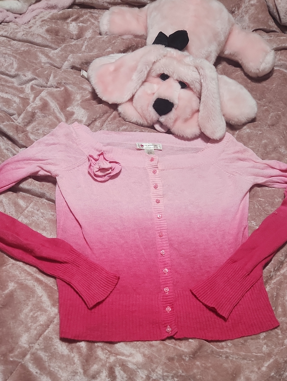 Pink Ombre Off The Shoulder Cardigan with Rosette Accent